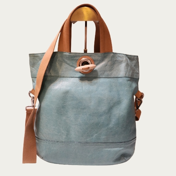 Maurizio Taiuti Blue and Tan Tote Bag with Leather Accents, Replacement Strap - Picture 3 of 16